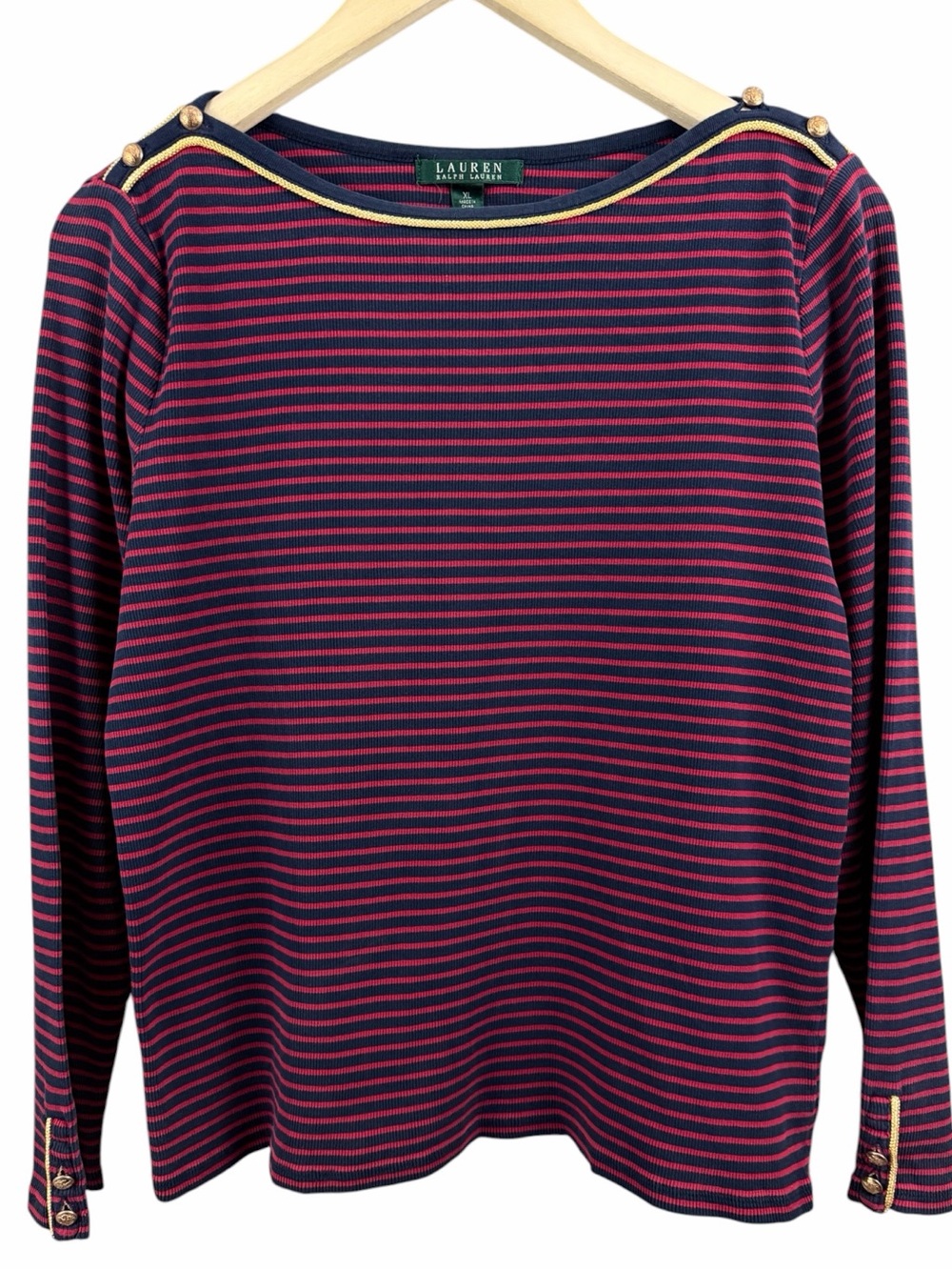 Lauren Ralph Lauren Striped Boatneck Top Gold Button Accent Navy Red Size Large